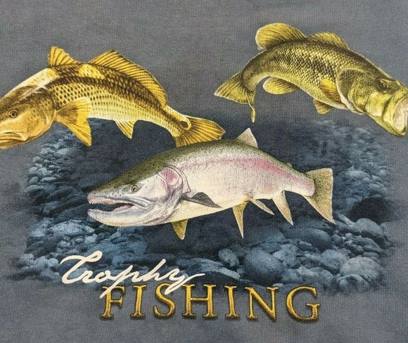 Vintage 90s American Outdoors Trophy Fishing Wilderness Crewneck Sweatsirt Blue - Picture 2 of 5